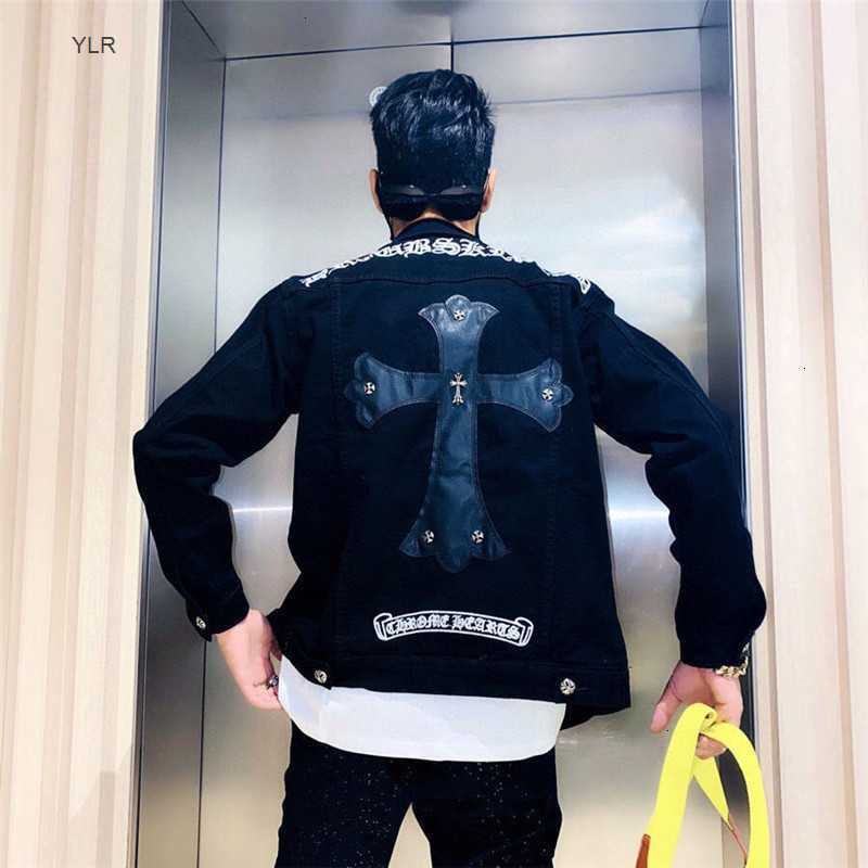 

Crosin jeans jacket men's autumn and winter new fashion ch heavy industry embroidery Sanskrit Leather Cross jacket, Black