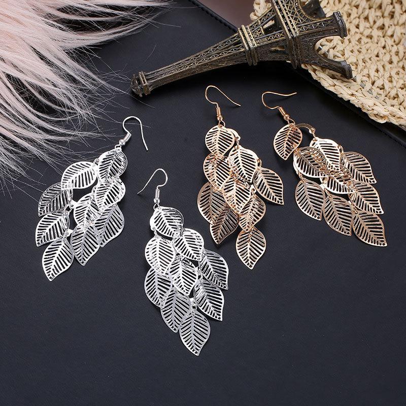 

Multi Layer Overlay Leaves Dangle Earring Hook Hollow Out Alloy Long Leaf Ear Drop Women Business Party Gift Gold Earrings Jewelry Accessories