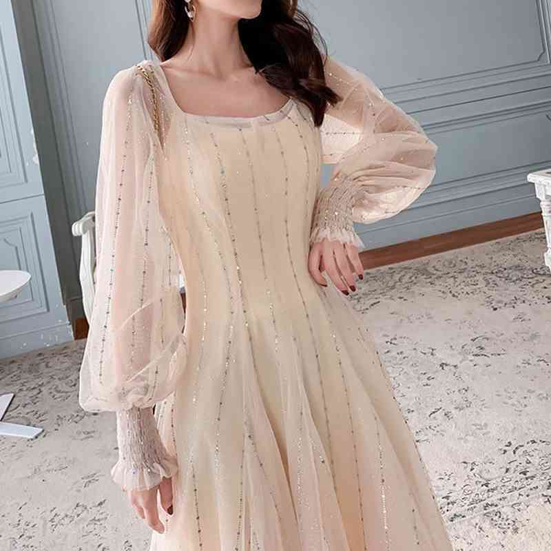 

French Mesh Sequins Dress Elegant Midi Women Long Sleeve Fairy Korean Female Spring Sexy Party Y2K Clothes 210604, Beige sequin dress