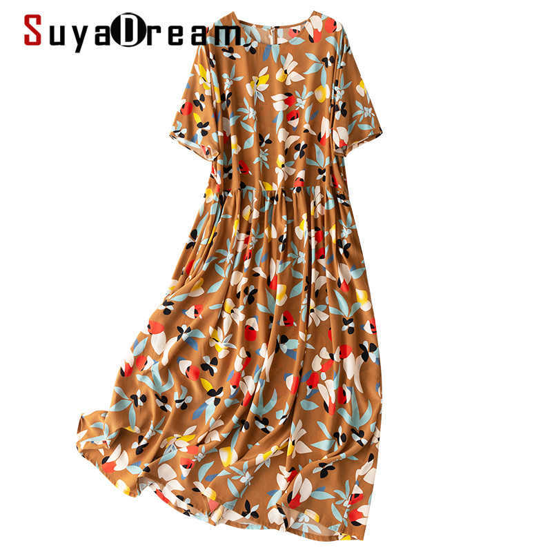 

SuyaDream Woman Maxi Dress 100%Silk Crepe A line O neck Printed Dresses Spring Summer Long Dresses 210603, Light brown