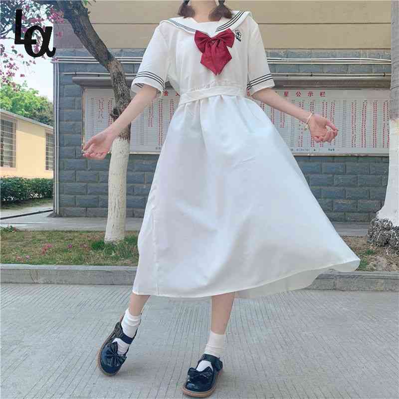 

Kawaii Preppy Style Short Sleeve Dress Women Harajuku Sailor Collar Navy Japanese Sweet Bow-knot Girl Retro Cotton 210519, Model f black