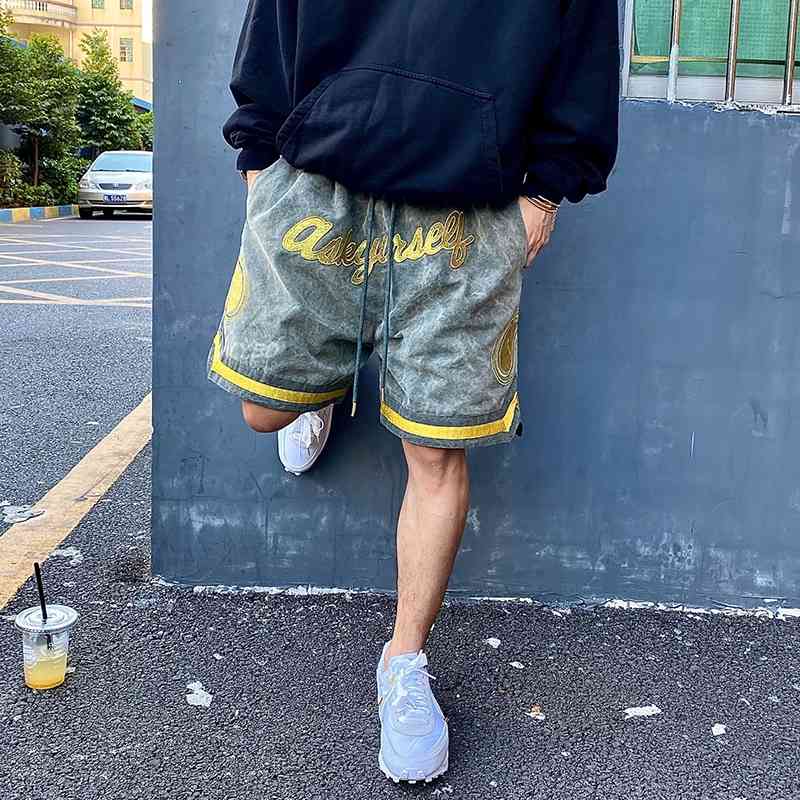 Men&#039;s Shorts Gold Thread Cashew Embroidery Retro Letter Print Drawstring Oversize High Street Summer Five Point Pants 16KG-image-704480725