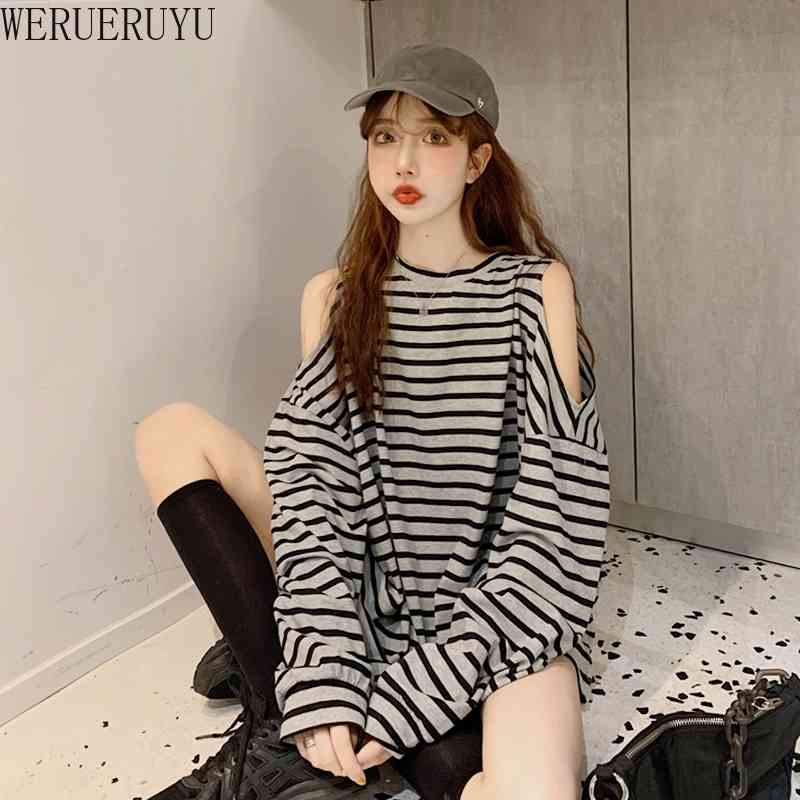 

WERUERUYU Spring Autumn Women's Top Korean Style Loose Hollow Strapless Striped Long Sleeve T-Shirts Thin Female Short Tops 210608, Photo color
