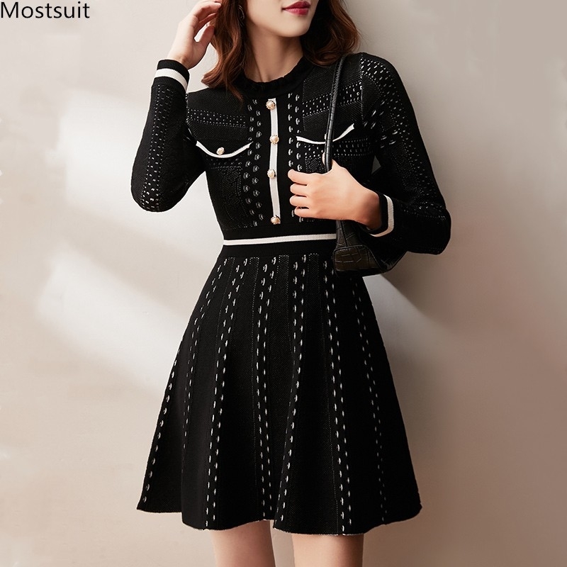 

Autumn Winter Women Long Sleeve Knitted Dress Plus Size Vintage Elegant Fashion O-neck Tunic Slim A-line Part Korean 210518, Black