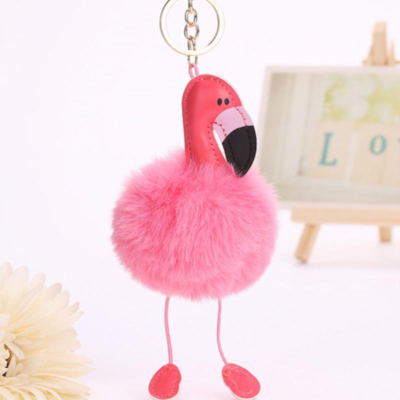 

Keychains Cute Women Fluffy Pompom Pink Flamingo Keychain On The Bags Fur Ball Pompon Anime Key Chain Car Trinket