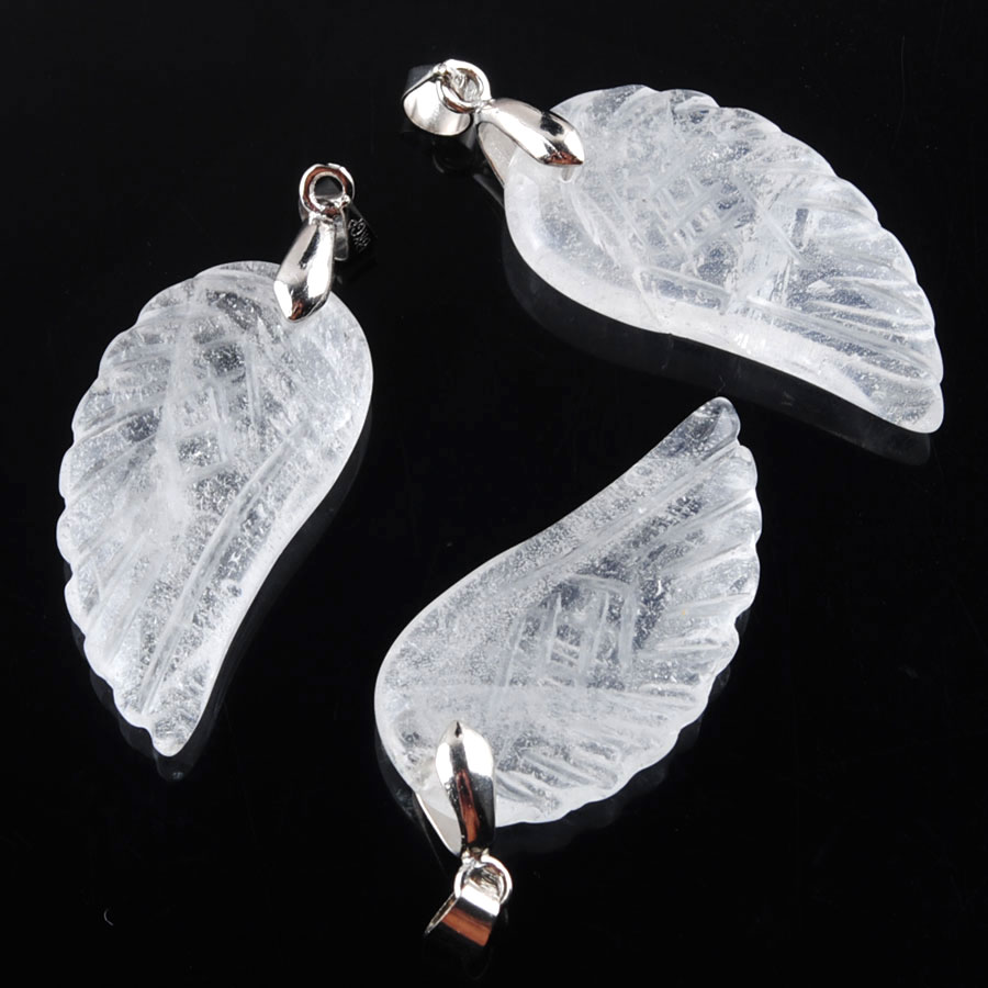 

WOJIAER Natural White Crystal Gem Stone Bead Angel Wings Silver Pendant Necklace Plated Reiki Chakra Jewelry 18 Inches N3534