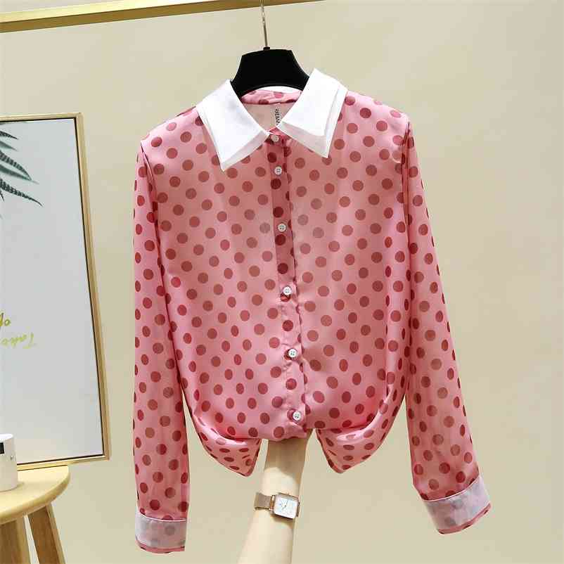 

Autumn Korean Style Ladies Turn Down Collar Long Sleeves Dot Chiffon Shirt Women's Casual Blouse Shirts A4422 210519, Beige