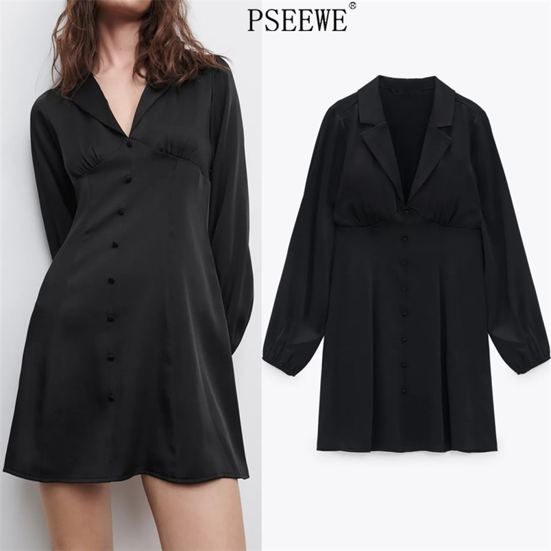 

Satin Black Mini Dress Women Winter Ruched Chic A Line Puff Long Sleeve Woman Vintage Short Elegant es 210519