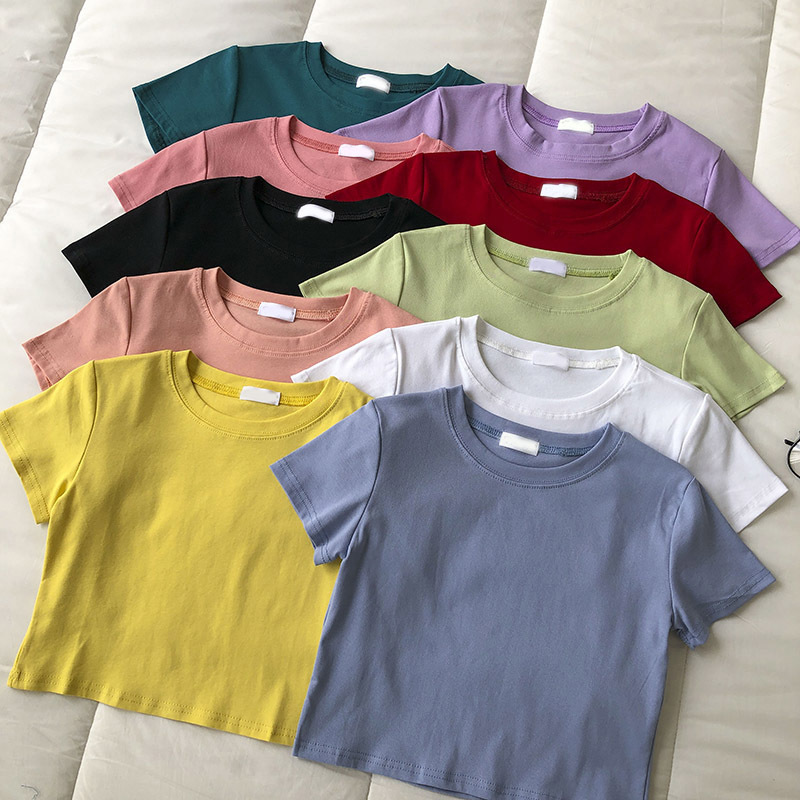 

Candy T-Shirts Women Plain T-Shirt Female Tops O-Neck Flexible T-shirts Solid Crop Top Streetwear Girls Basic Tees Summer 210518, Green