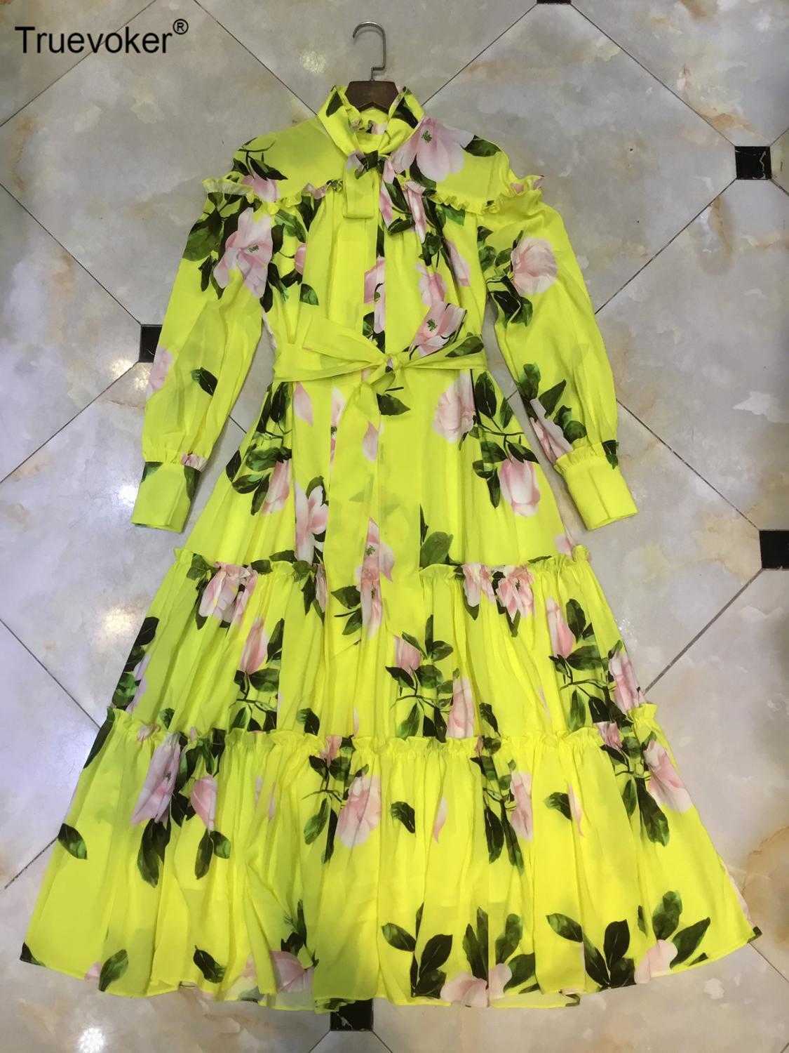 

Truevoker Spring Fashion On Sale Dres' Long Sleeves Bow Collar Yellow Flower Print Party 210602