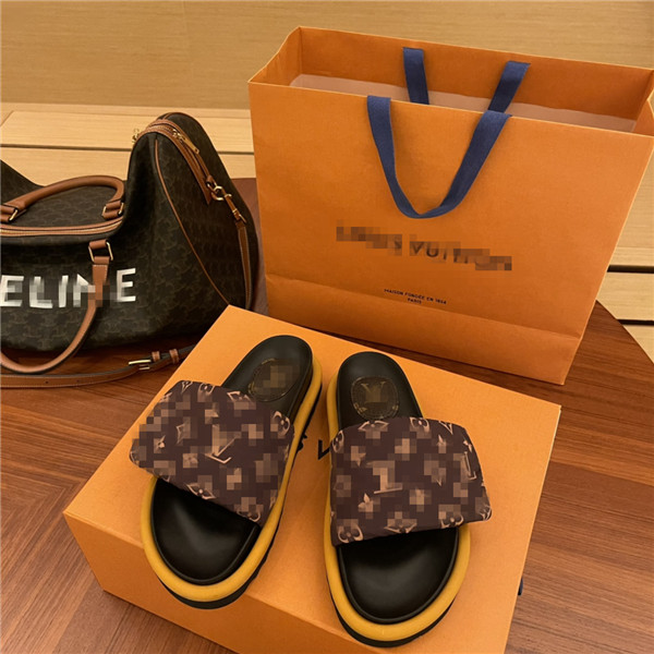 

top Women Pool Pillow Comfort Slipper Lady Nylon GG&#13MEN Strap Mule Designer Men Leather Sunset Flat Rubber Outsole Slide Sandal size 35-40, Black