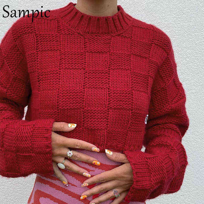 

Sampic 2021 Winter O Neck Knitted Tops Cotton Long Sleeve Loose Women Mini Plaid Sweater Pullovers Knitwear Jumpers Y2K Fashion Y1110, Red