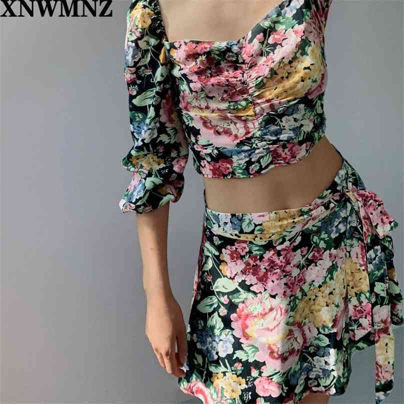 

Sets Women Summer Fashion Floral Print Square Collar Sexy Short Blouse+Lace Up Casual Shorts Two Piece Set Clothes 210520, Multi