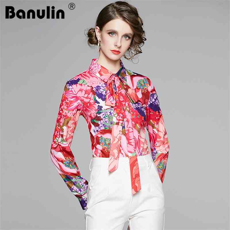 

Banulin Fashion Runway Summer Blouses Women Elegant Flower Print Long Sleeve Single-breasted Female Bow Belt Vintage Shirts 210603, Pink