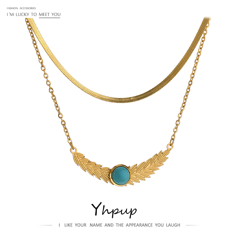 

Yhpup Moon Leaves Plant Stainless Steel Layered Jewelry Fashion 18 K Metal Gold Collar Neckalce for Women Gala Gift
