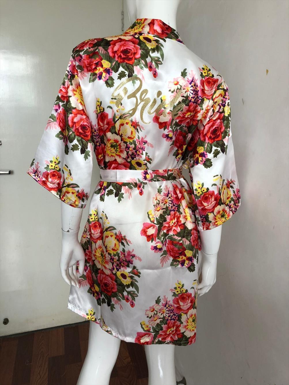 

rb033 bridal gold letter wedding women sleepwear robe pink flower print robes bathrobe charming kimono bridesmaid, Black;red
