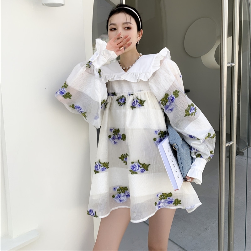 Casual Dresses Petal Jacquard Ruffle Neck Long Sleeve Ball Gown For Women Spring 2021 White Cute Floral Mini Korean Style L9QF-image-702033550