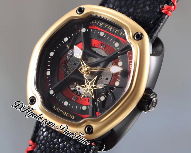 

Dietrich Organic Time Miracle OT-M Miyota 82S7 Automatic Mens Watch Two Tone PVD 18K Yellow Gold Bezel Red Skeleton Dial Cuttlefish Leather Strap Watches Puretime, Customized enhanced waterproof service
