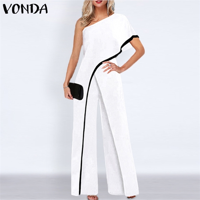 

Casual Long Trousers Wide Leg Palazzo Pantalones VONDA 2021 Women Loose Solid One Shoulder Jumpsuits Plus Size Overalls 5XL, Default color