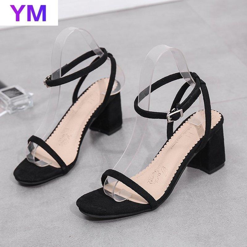 

Autumn Cool Summer Salu Shoes Woman Open Toe Sandals Handmade Ankle Strap Elegant Square High Heel Solid Flock Women, Black