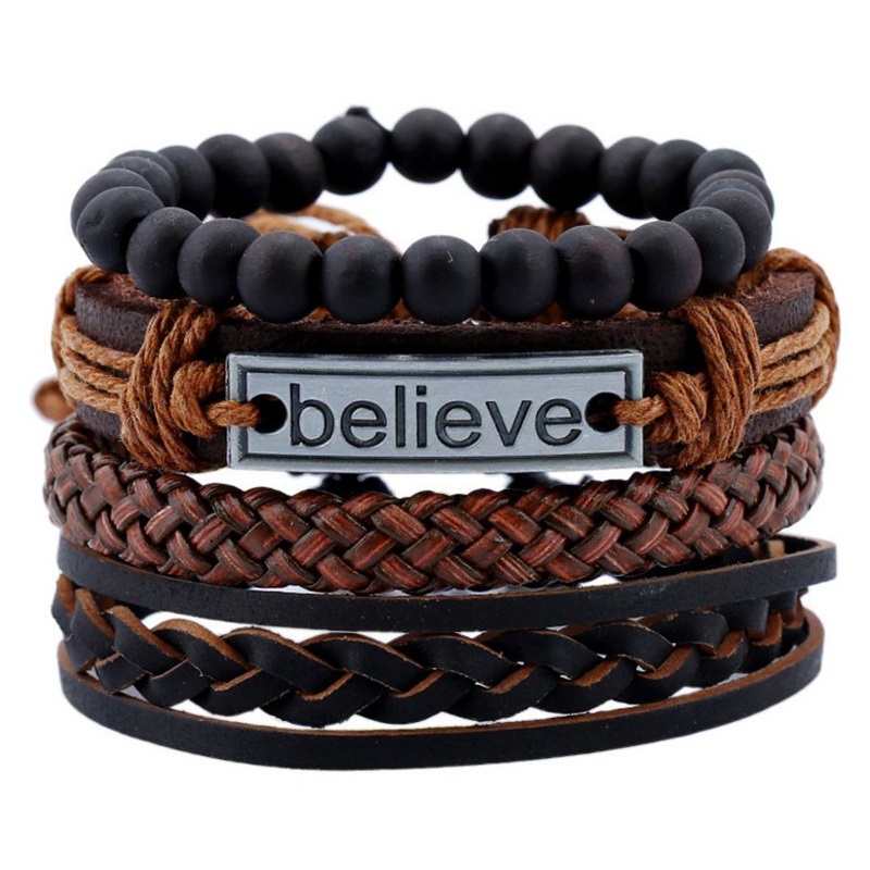 

Punk Style Black Stone Beaded Braided Leather Bracelet Custom Engraving Believe Faith Fashion Bracelets