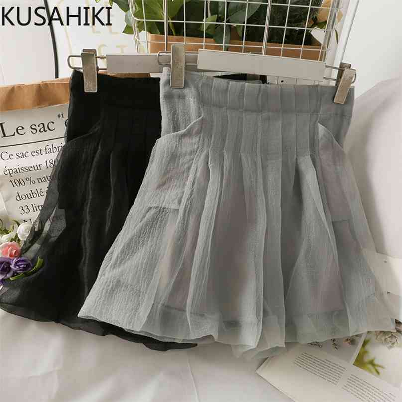 

Korean Mesh Patchwork Woman Shorts Summer Bottoms Causal High Waisted Wide Leg Short Feminimos 6H936 210603, Gray