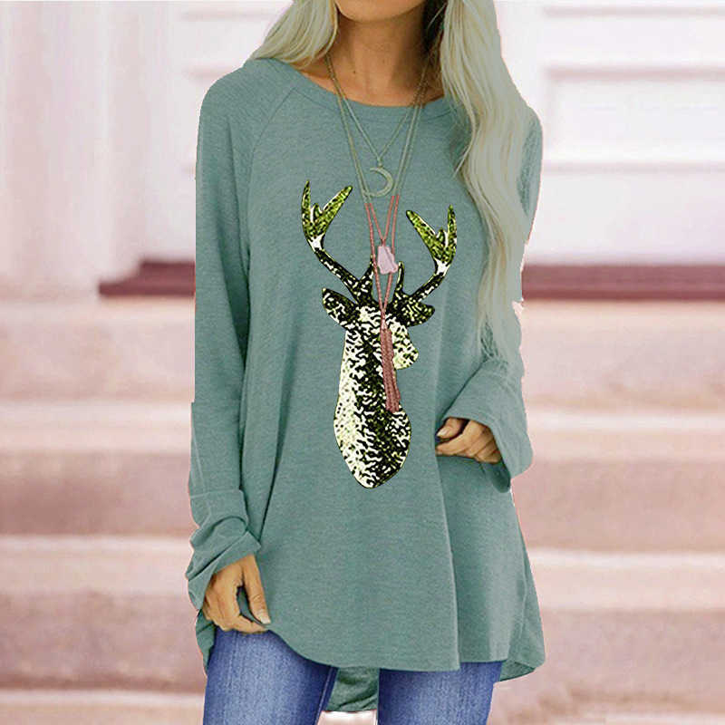 

Fashion Christmas Deer Print Women T-Shirt Casual Loose Long Sleeve Spring Autumn Female Tops Plus Size W772 210526