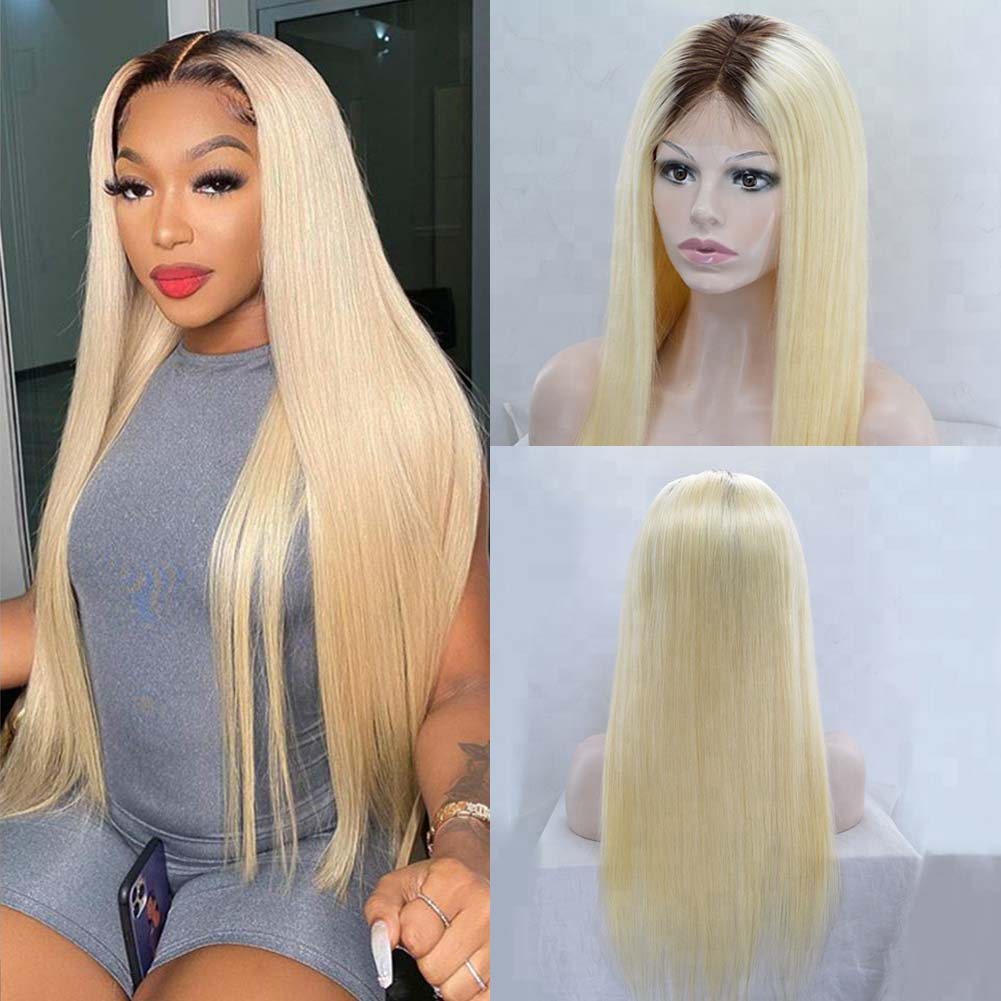 

blonde ombre wig human hair with dark roots full lace wig for young women 13x4 HD lace front wig ombre human hair wigs pre plucked Brazilian Straight 150% density, Ombre color 2/613