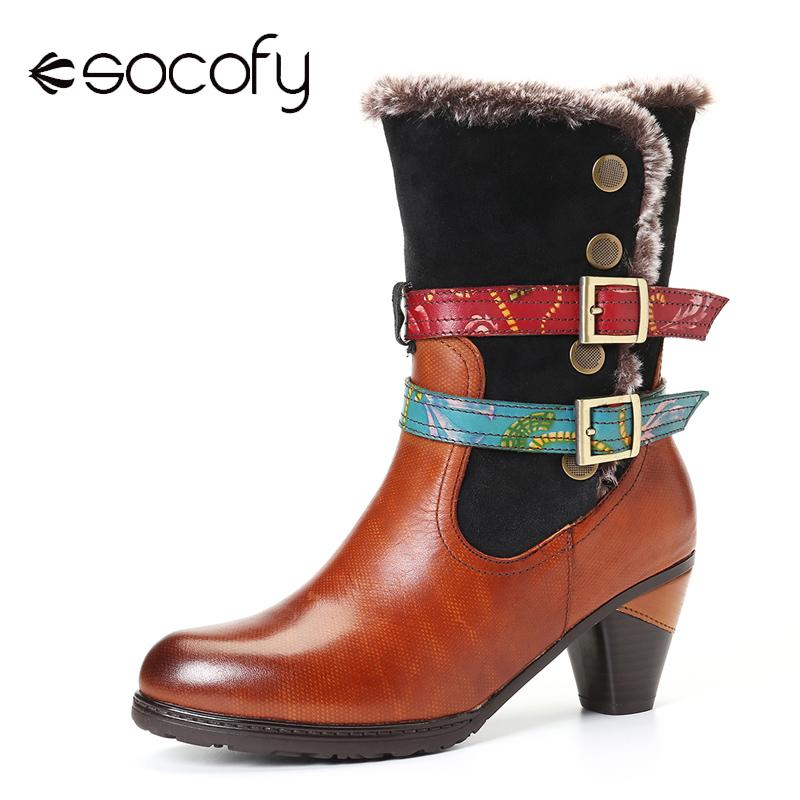 

Boots SOCOFY Retro Warm Cozy Fur Colorful Buckle Strap Stylish Winter Short Elegant Shoes Women Botas Mujer 2021, Black