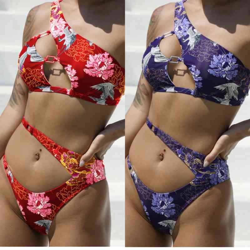 Print 2021 Crane Chinese Slant Shoulder Hollow Split Swimsuit Bikini Y1055-image-674175923