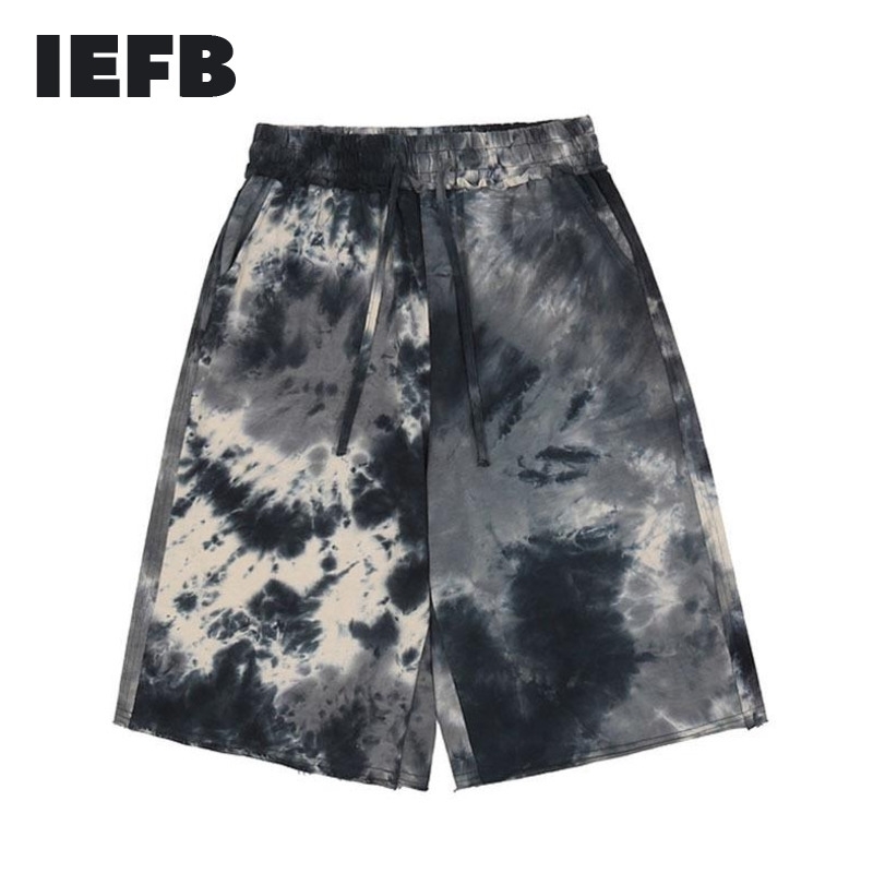

IEFB Tie Dye Printed Shorts Men' Fashion Loose High Street Hip Hop Trend Summer Drawstring Sports Knee Length Pants 210524, As shown