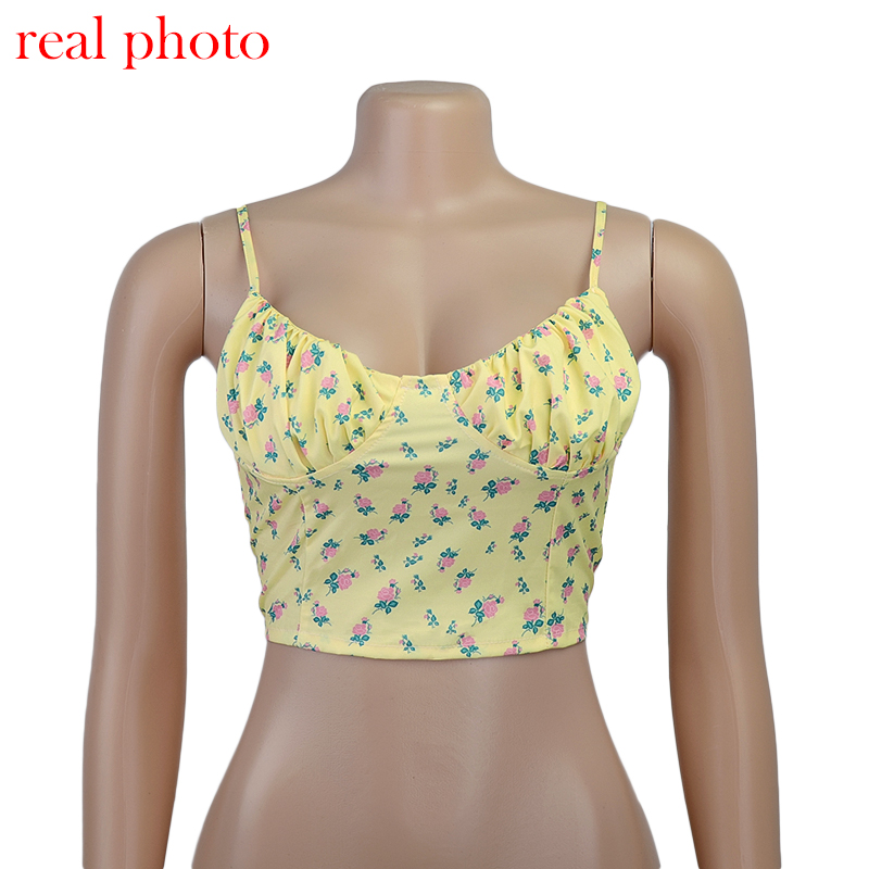 

Yellow Floral Print Sleeveless Camis Crop Tops Sexy Baless Lace Up 2021 Summer Straps Cropped Top Femininohigh quality