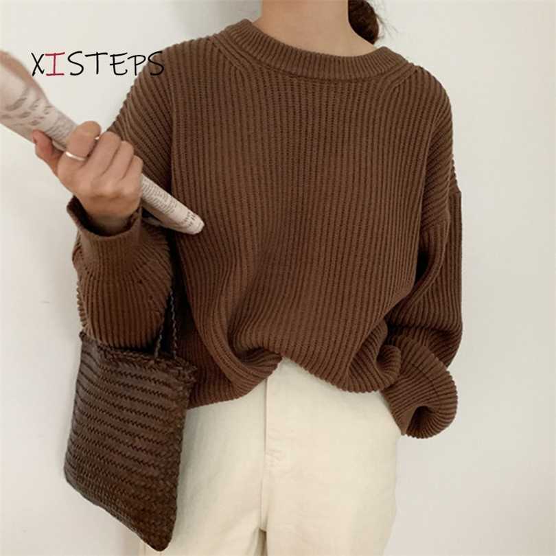 

Oversized Loose Women Knitted Sweaters O-neck Long Sleeve Pullovers Vintage Ladies Jumpers Rose Green Knitwear Femme Pull 211018, Beige