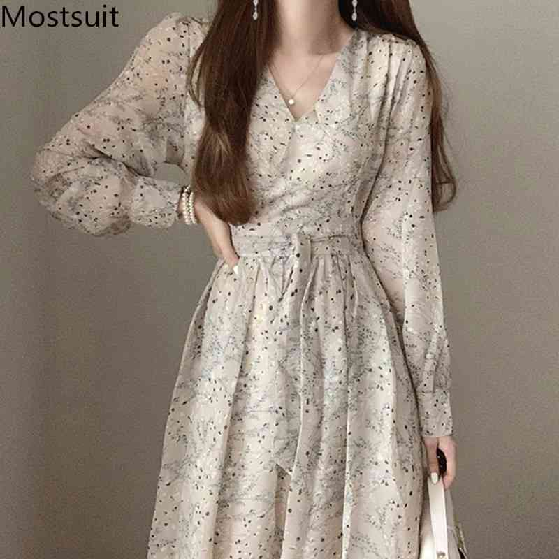 

Autumn Korean Printed Chiffon Long Dress Women Full Sleeve V-neck Belted Dresses Vintage Elegant Ladies Vestidos Femme 210518, Picture color