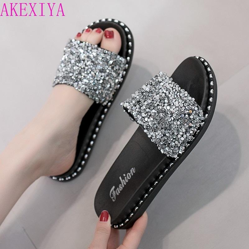 

Slippers AKEXIYA Women Summer Fashion Sequins Casual Sandals Wear Flat Bottom Flip Shoes Flops Sparkle, Black