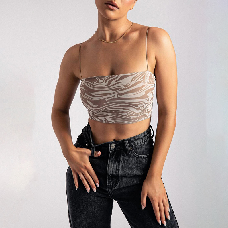 

Mesh See Through Sexy Strapless Crop Tops Women Sleeveless Baless Fashion Print Summer Cropped Tops Club Partyhigh quality, Brown