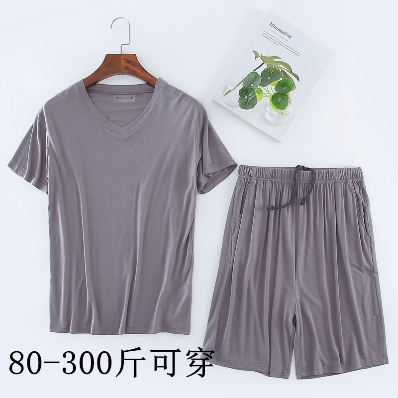 

Men's modal T-shirt set short sleeve shorts home wear casual sportswear plus oversized pajamas, Light grey crew neck