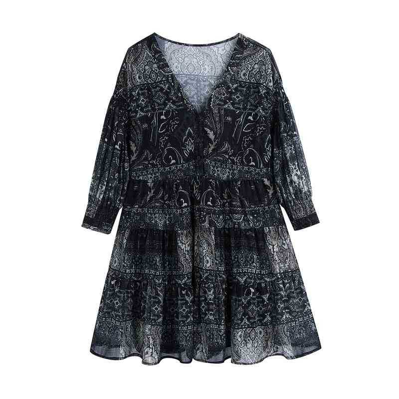 

Fashion Cascading Ruffles Mini Dress Women V neck Puff Sleeve Chiffon Floral Straight Vintage WB1011 210525, Blue