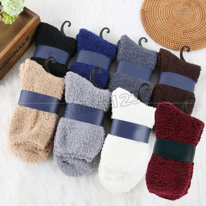 

Solid Color Soft Coral Fleece Socks Autumn Winter Warm Thicken Seamless Middle-tube Socks For Men Home Floor Sleeping Socks