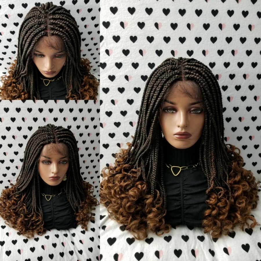 

Handmade 14inch Box Braids Braided Lace Front Wig With Curly Ends Ombre Brown Color Short Braiding Hair Synthetic Wigs for Black Women, Burgundy