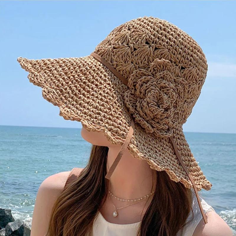 

Fashion Summer Women's Sun Hats Bucket Cap Lace Bowknot Flowers Ribbon Flat Top Hat Panama Soft Straw Beach Caps Wide Brim, Pink