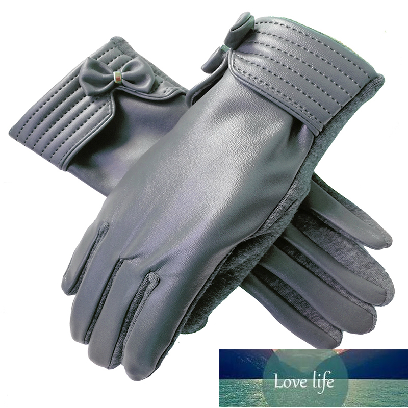

Women's Warm Gloves Bows Patchwork PU Leather Velvet Sewing Thread Elegant Touch Screen Winter Gloves