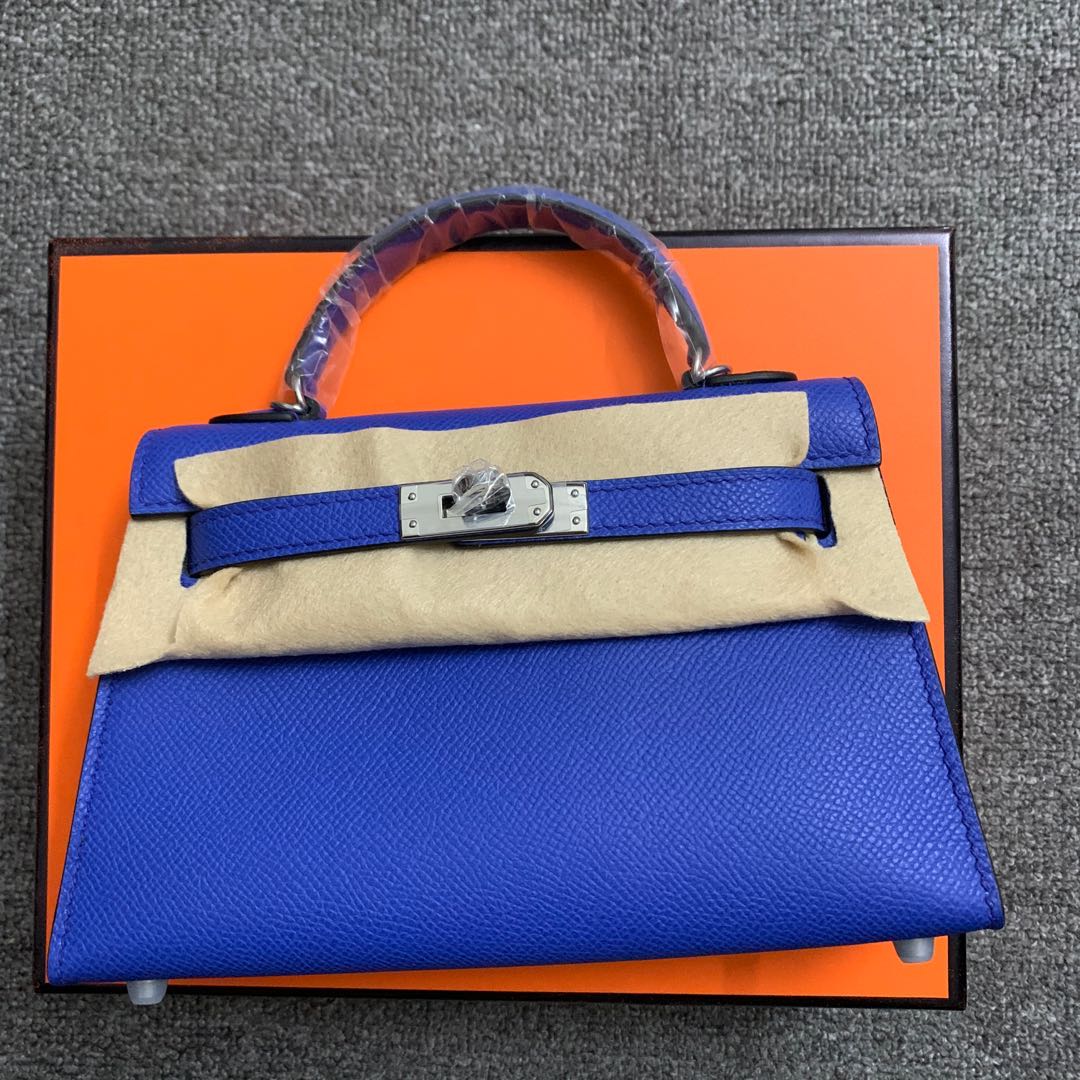 

handmade quality mini designers purse 19.5cm blue red grey pink 8colors epsom leather wax line stitching gold and silver hardware in, Light blue