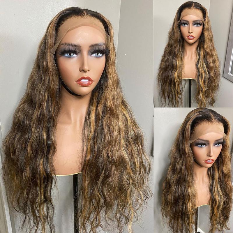 

Lace Wigs Hlighlight 13X4 Front Human Hair With Baby #27 Color Honey Blonde Water Wave For Women, Black;brown