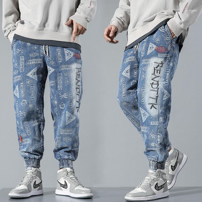 

Casual Jeans For Men Autumn Fashion Hip Hop Streetwear Flower Patterned Beam Foot Harem Ankle Length Pants1, Blue
