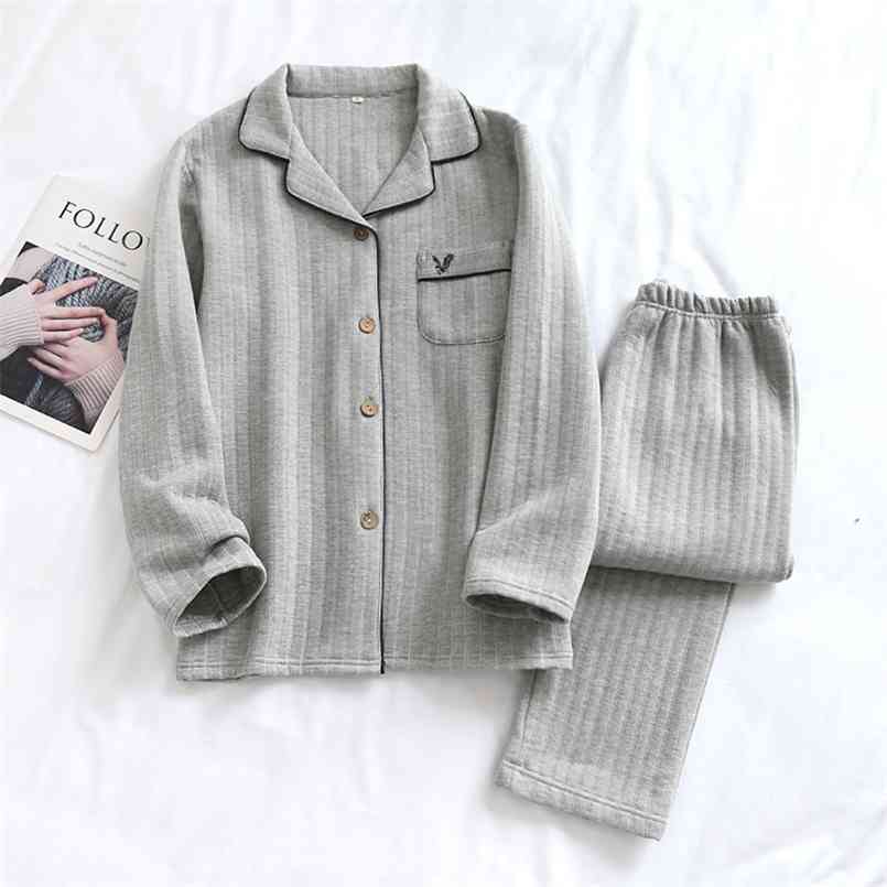Men's pajamas set autumn and winter long-sleeved knitted cotton home clothes warm thick striped plaid simple plus size pajamas 210812
