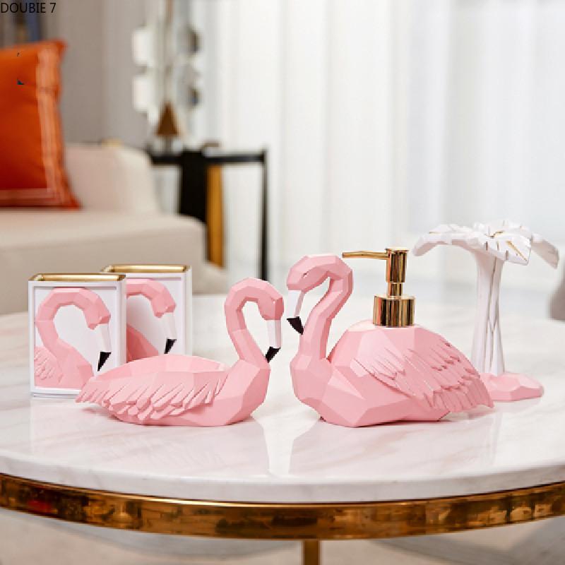 

Wedding Gifts Creative Flamingo Resin Bathroom Accessories Set Liquid Soap Dispenser Toothbrush Holder Gargle Cup Dish Bath Accessory