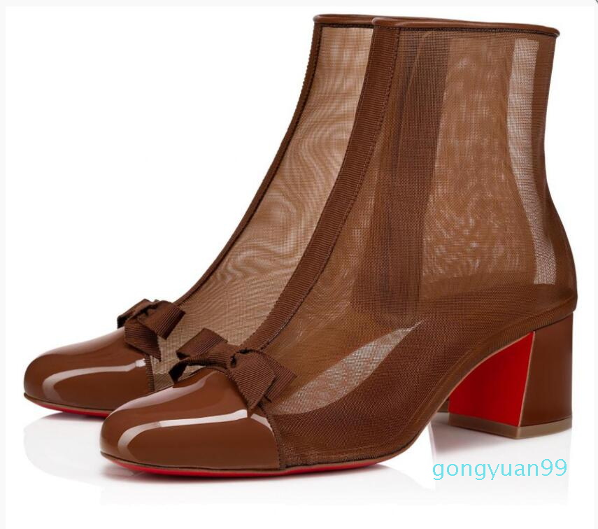 

2022 Fashion Brands Checkypoint Booty Women's Ankle Boots Lady Mesh Leather Round Toe Booties High Heels Party Wedding Dress EU35-43