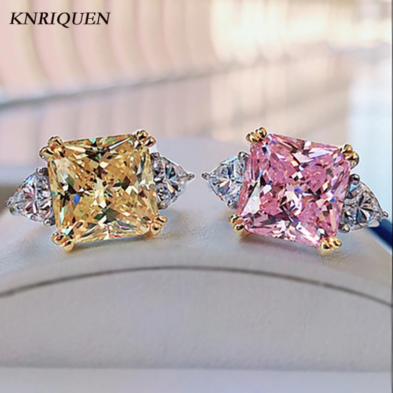 

Cluster Rings 2021 Trend 925 Sterling Silver Luxury 10*10MM 5CT Princess Square Pink Quartz Topaz Lab Diamond Wedding Engagement Women's, Golden;silver