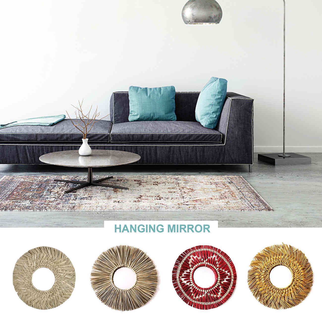 Home Straw Plaited Art Living Room ins Style Makeup Decorative Mirror Wall Hanging Bedroom Bathroom Photography Prop-image-689791989